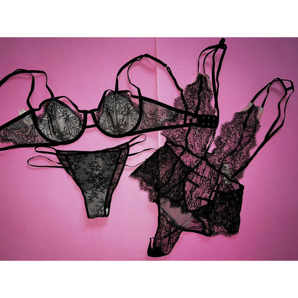 Victoria's Secret strappy 36C BRA SET+M panty+TEDDY one-piece beige black lace